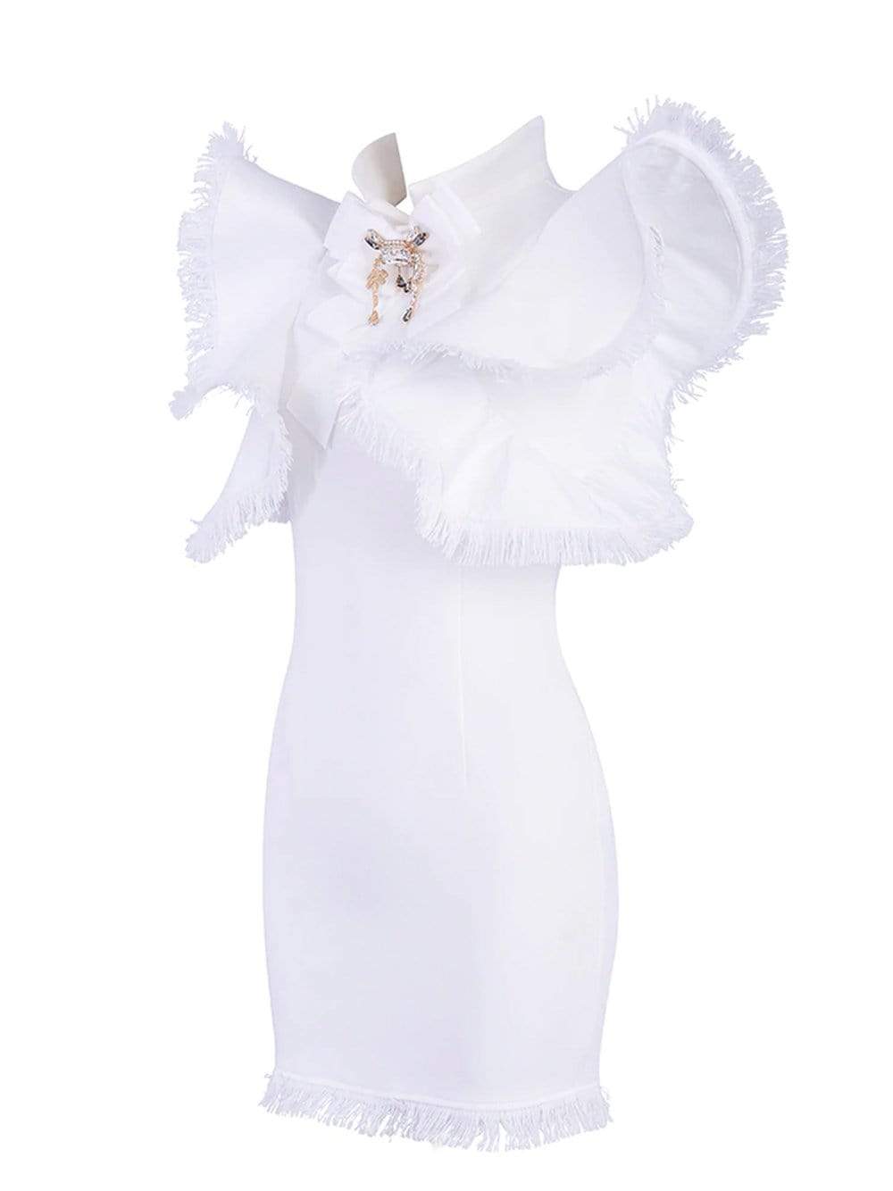 White High Neck Frayed Ruffle Trim Embellished Bodycon Mini Dress