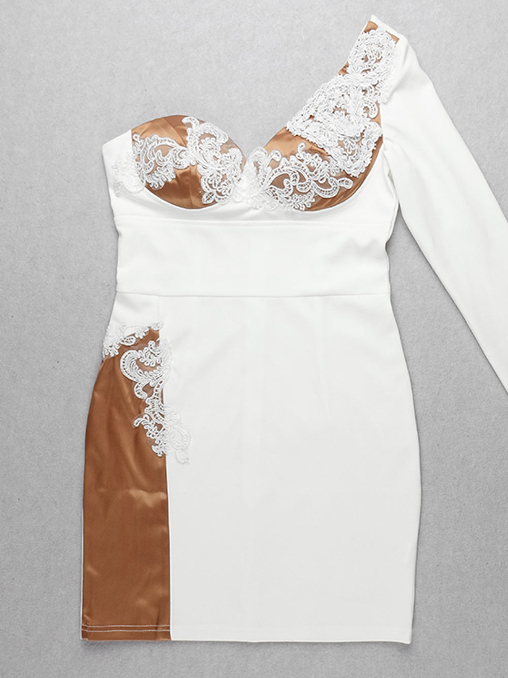 White One Shoulder Floral Lace Applique Mesh Illusion Bodycon Mini Dress 8