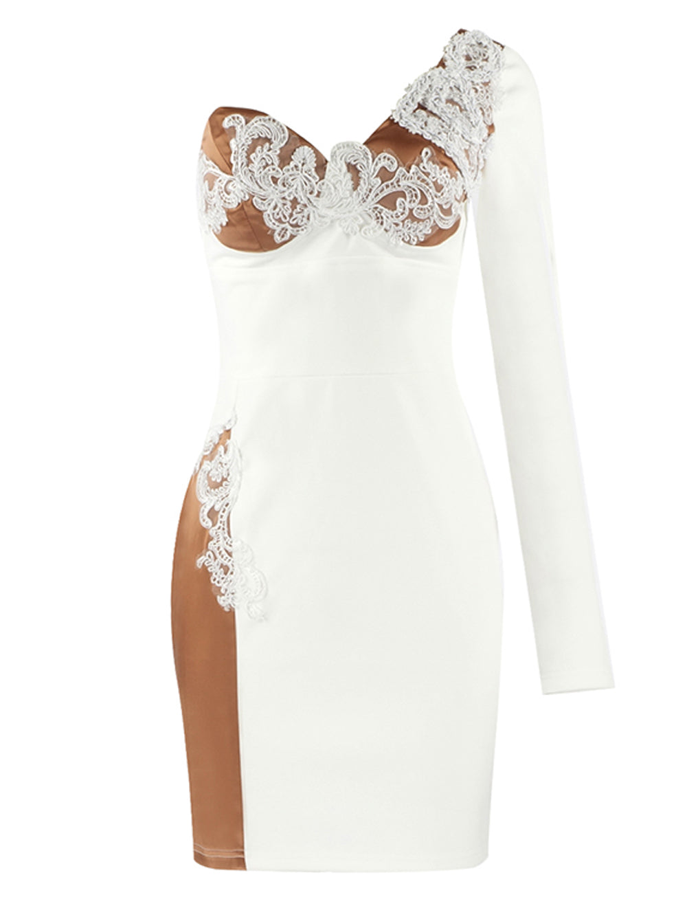 White One Shoulder Floral Lace Applique Mesh Illusion Bodycon Mini Dress 3