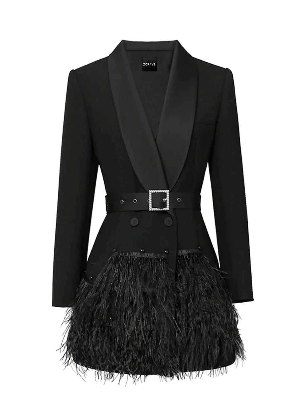Black Shawl Collar Belted Feather Trim Long Sleeve Blazer Mini Dress