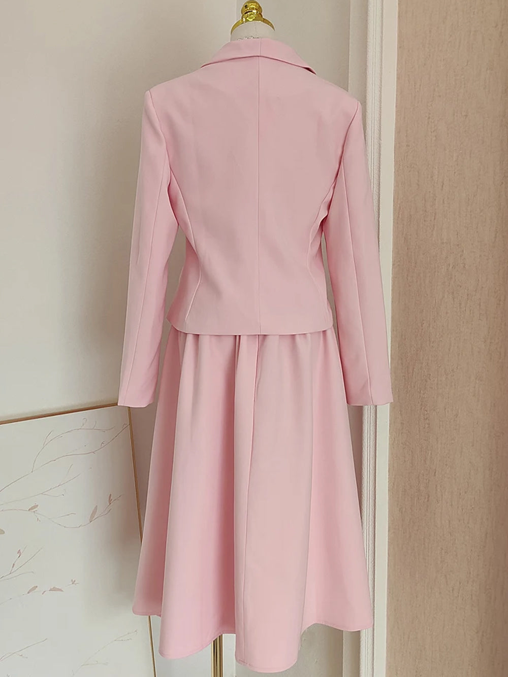 Pink Shawl Lapel Rosette Cropped Blazer Midi Skirt Set