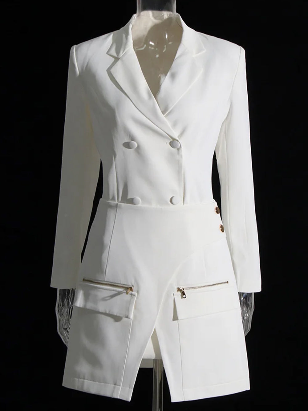 White Notch Lapel Peplum Blazer And Skirt Set