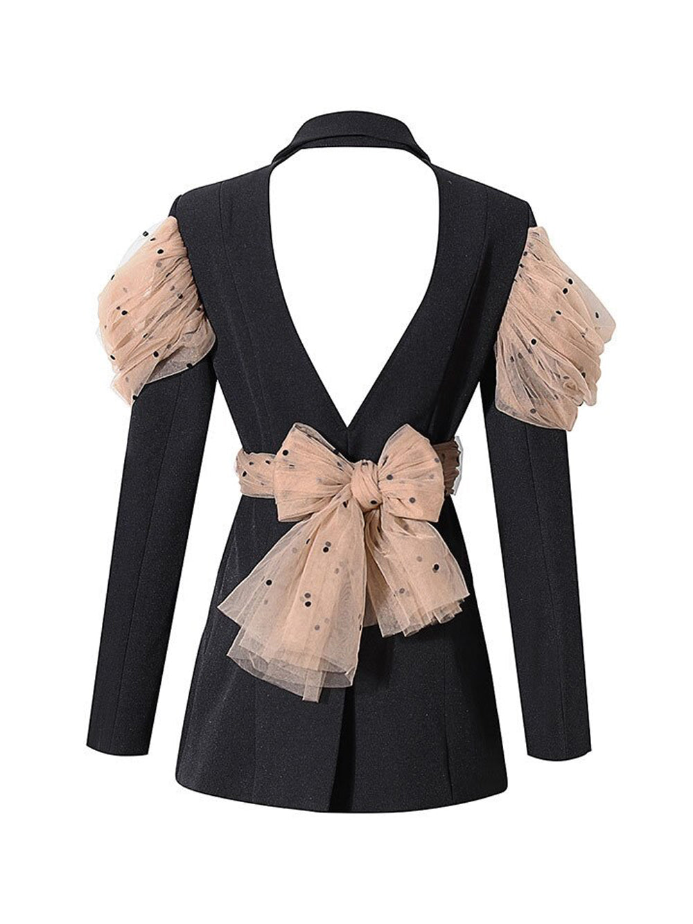 Black Notch Lapel Polka Dot Mesh Bow Wrap Blazer 4