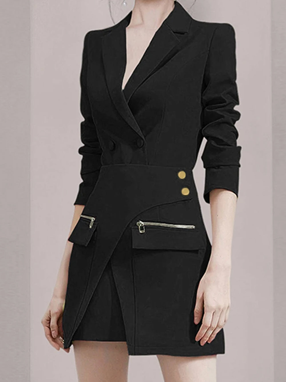 Black Notch Lapel Zip Pocket Blazer And Skirt Set