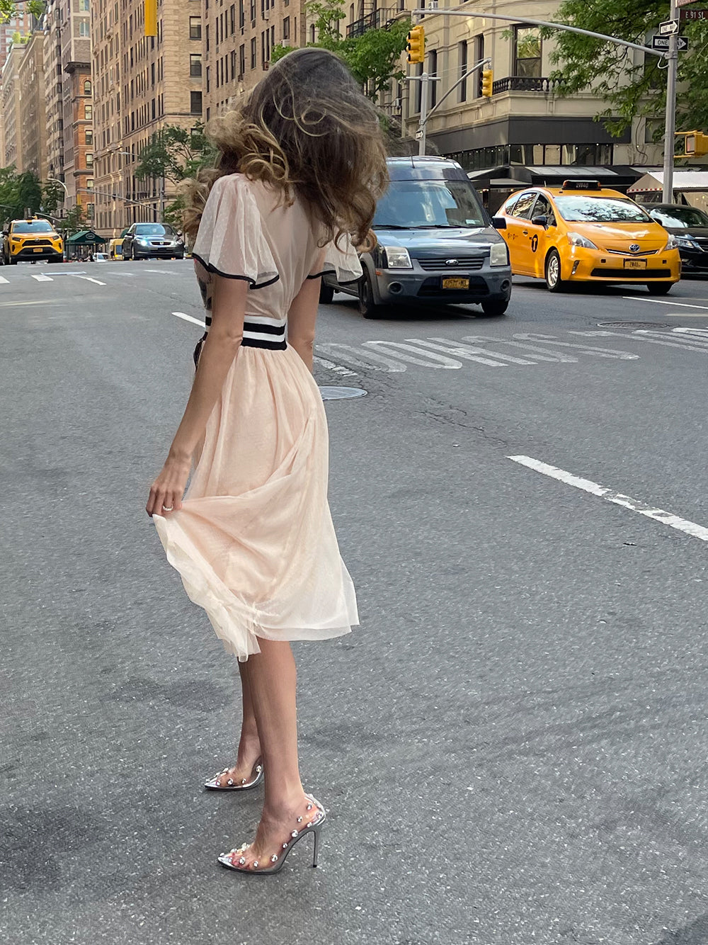 Apricot Round Neck Flutter Sleeve Floral Sequin Tulle A-Line Midi Dress