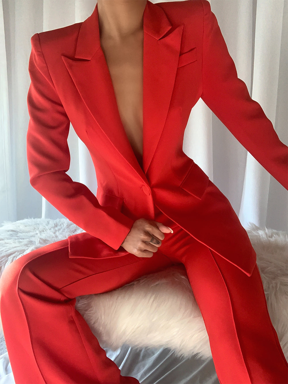 Red Peak Lapel Single Button Fitted Blazer and Flared Pants Set