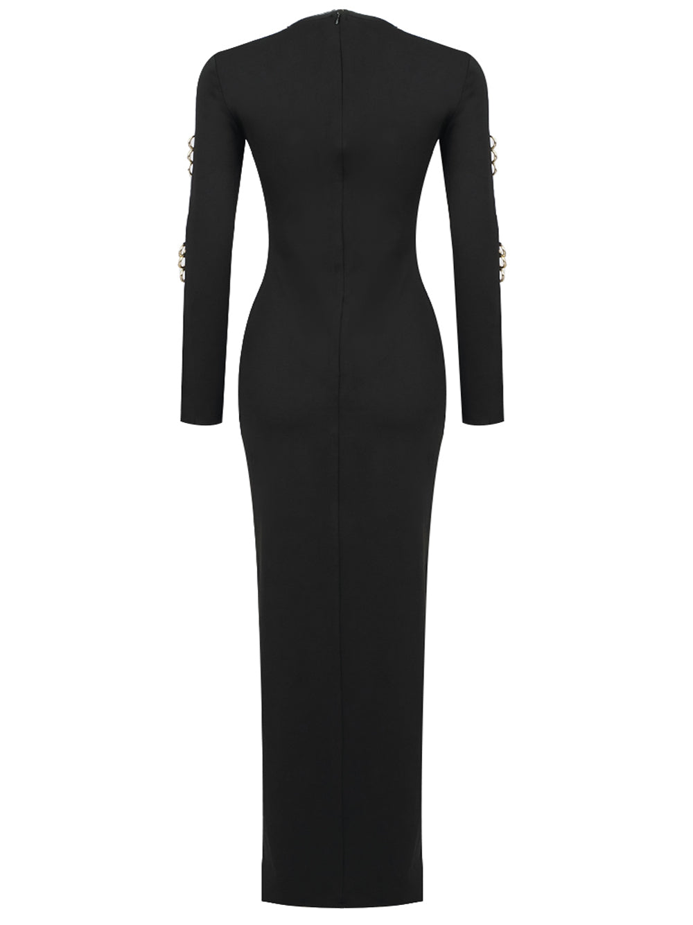 Black V-Neck Gold Ring Cutout Long Sleeve High Slit Bodycon Maxi Dress