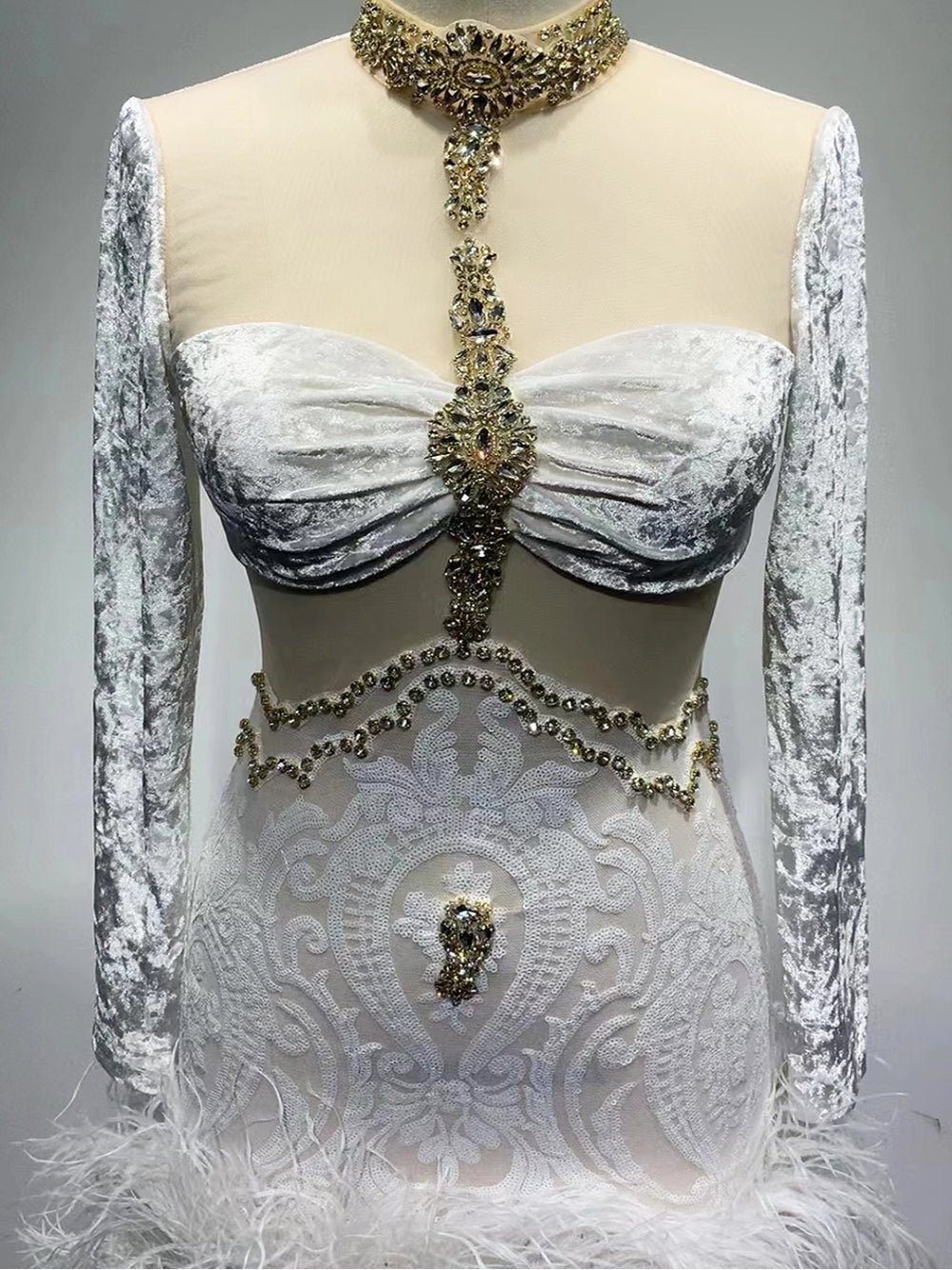 White High Neck Rhinestone Illusion Lace Feather Hem Bodycon Mini Dress