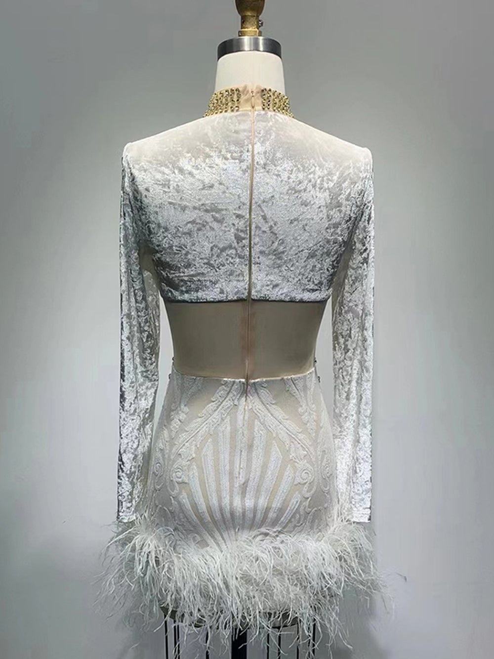 White High Neck Rhinestone Illusion Lace Feather Hem Bodycon Mini Dress