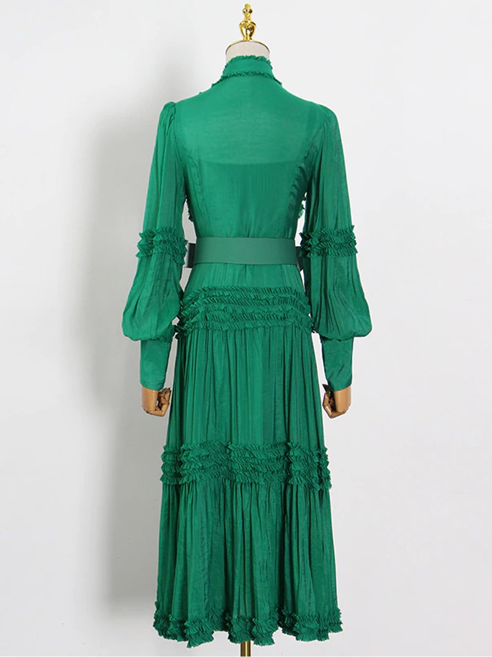 Green Mock Neck Button Front Ruffle Trim Belted Tiered Maxi Dress