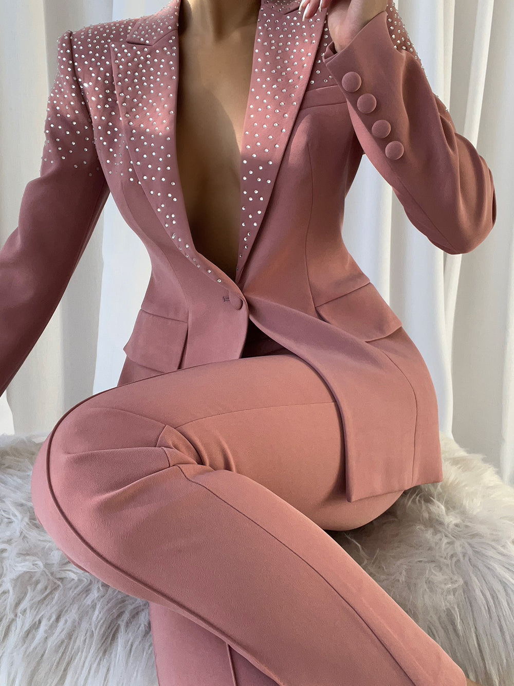 Pink Peak Lapel Rhinestone Embellished Blazer Trouser Set