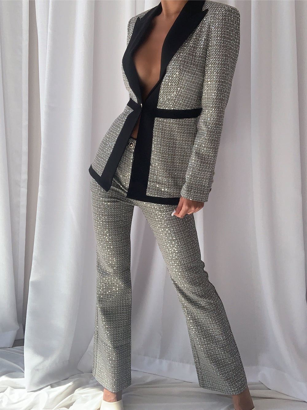 B&w Contrast Trim Tweed Blazer and Pants Set