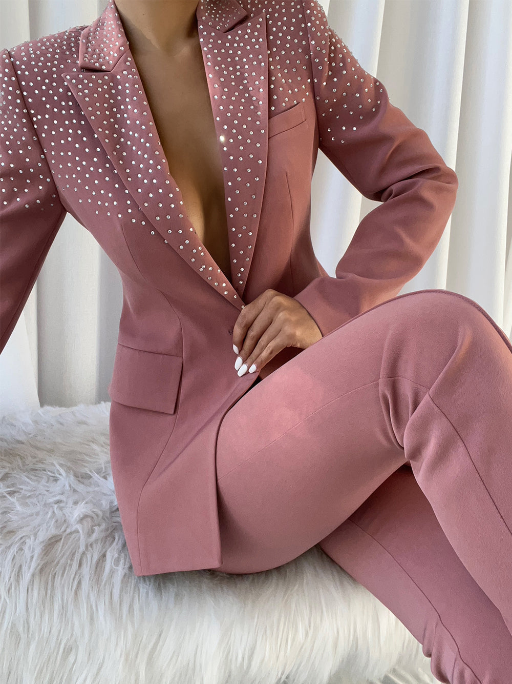 Pink Peak Lapel Rhinestone Embellished Blazer Trouser Set