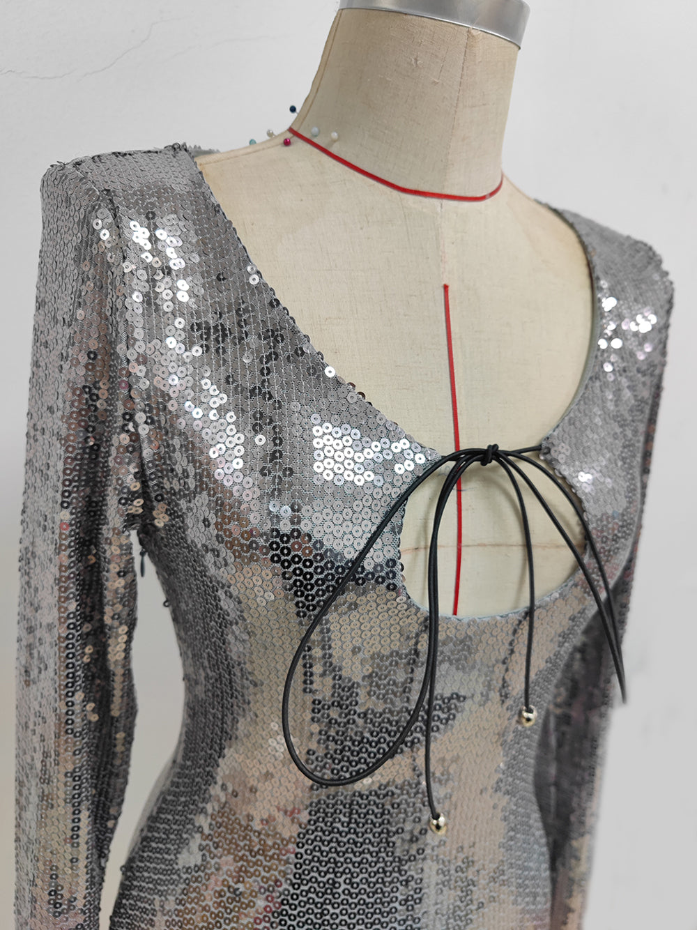 Silver Plunge Neck Sequin Long Sleeve Bodycon Mini Dress