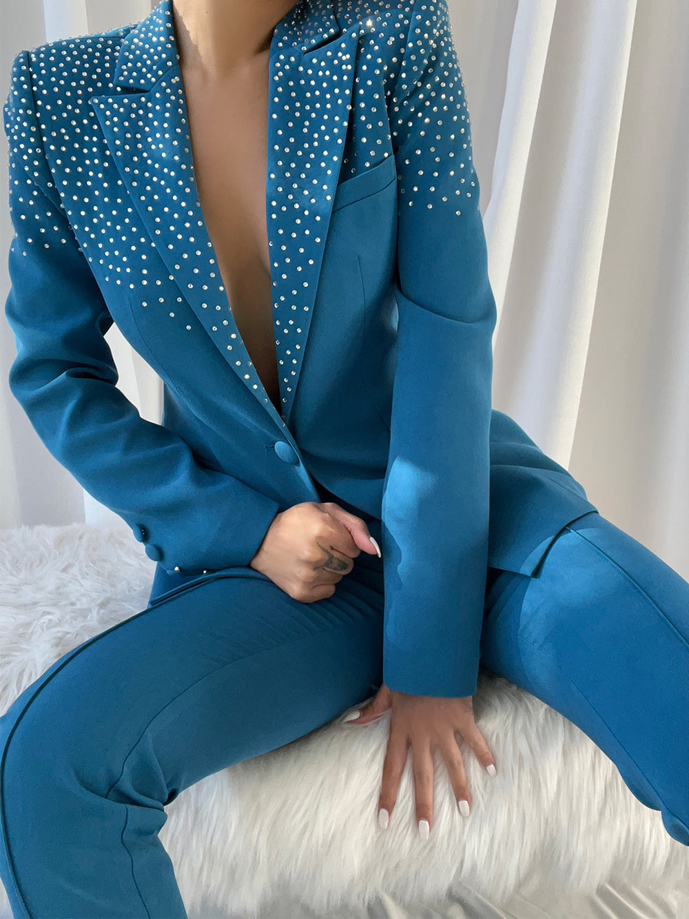 Blue Peak Lapel Rhinestone Embellished Blazer Pants Set