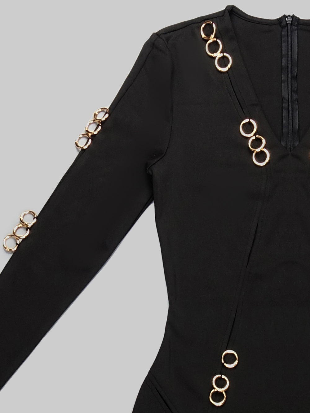 Black V-Neck Gold Ring Cutout Long Sleeve High Slit Bodycon Maxi Dress