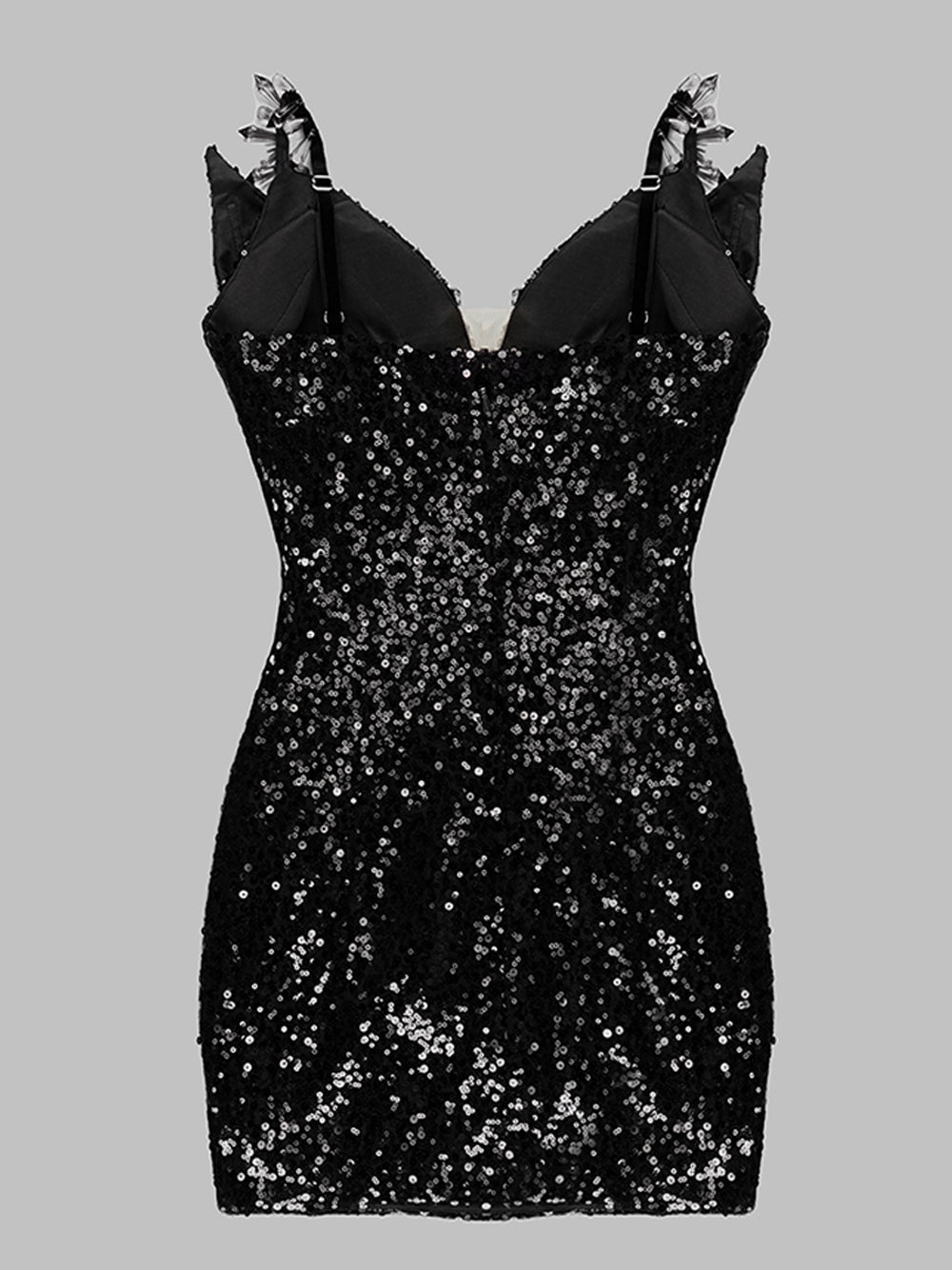 Black V-Neck Beaded Sequin Sheer Corset Ruched Bodycon Mini Dress