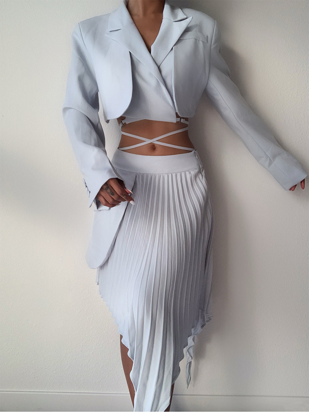 Light Blue Cropped Lace-Up Blazer and Pleated Asymmetric Skirt Set 3