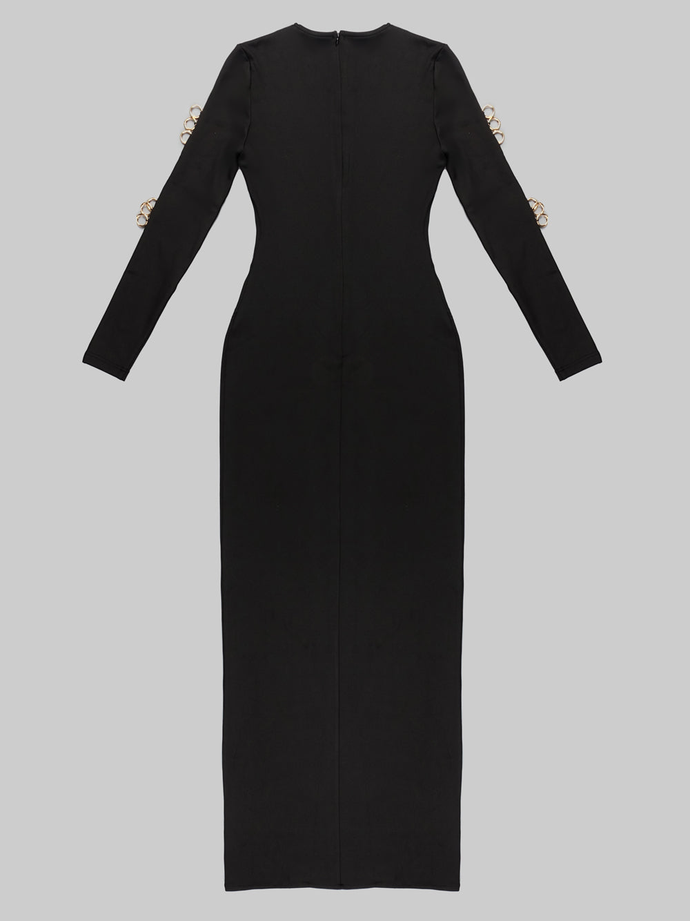 Black V-Neck Gold Ring Cutout Long Sleeve High Slit Bodycon Maxi Dress