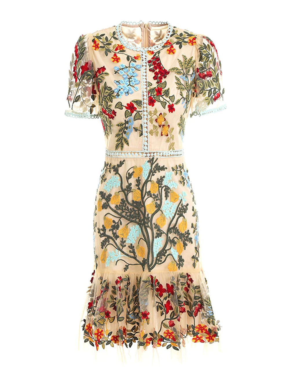 Apricot Round Neck Floral Embroidered Scalloped Trim Sheer Mesh Midi Dress 5