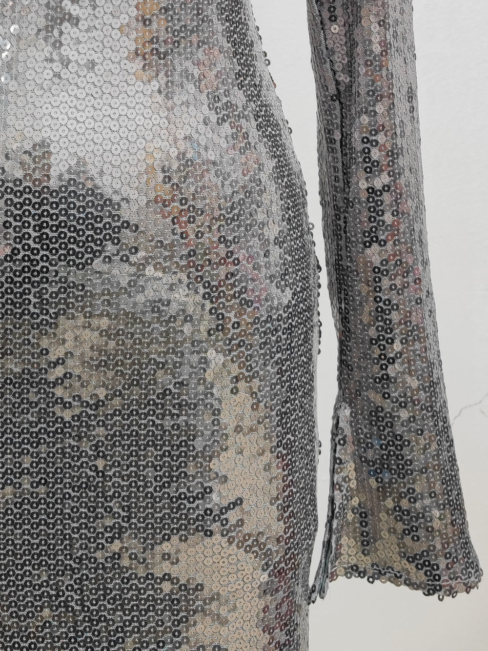 Silver Plunge Neck Sequin Long Sleeve Bodycon Mini Dress