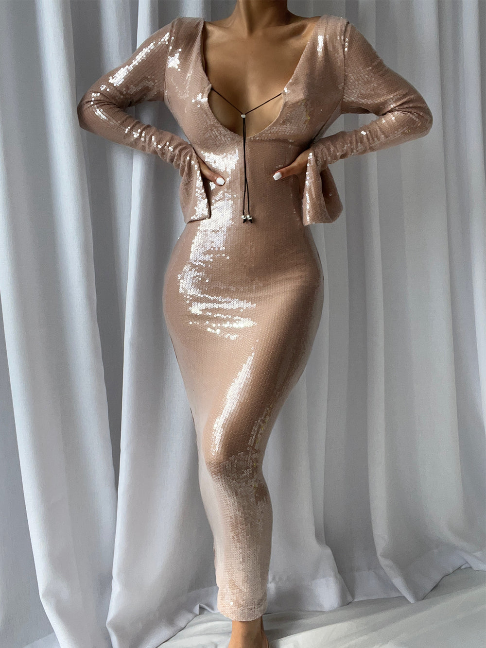 Light Brown Scoop Neck Sequin Keyhole Tie Long Sleeve Bodycon Maxi Dress 3