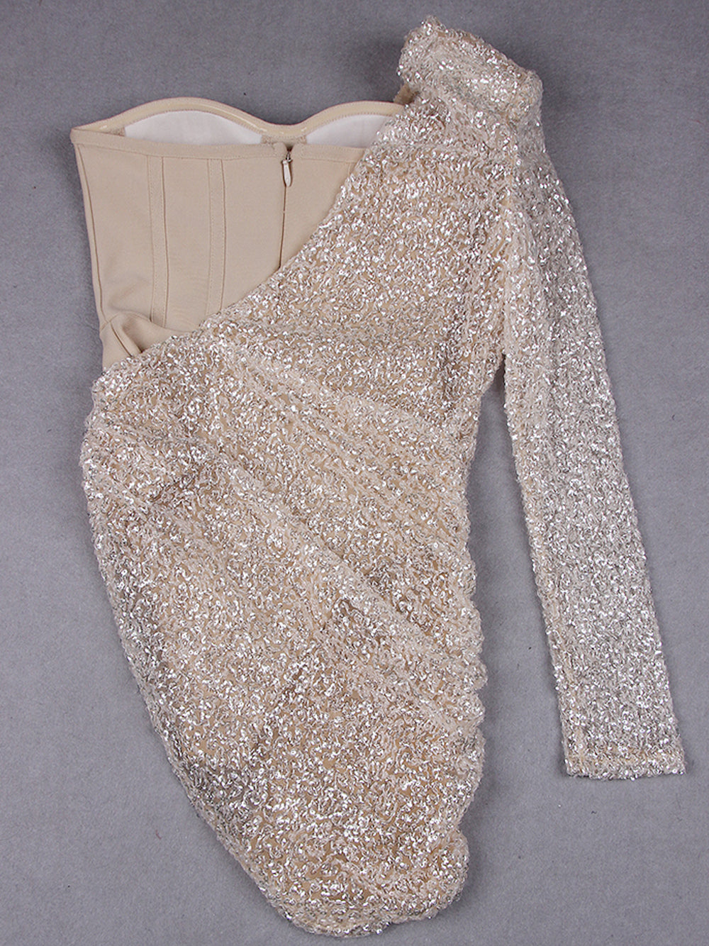 Beige One-Shoulder Sequin Long Sleeve Bodycon Mini Dress