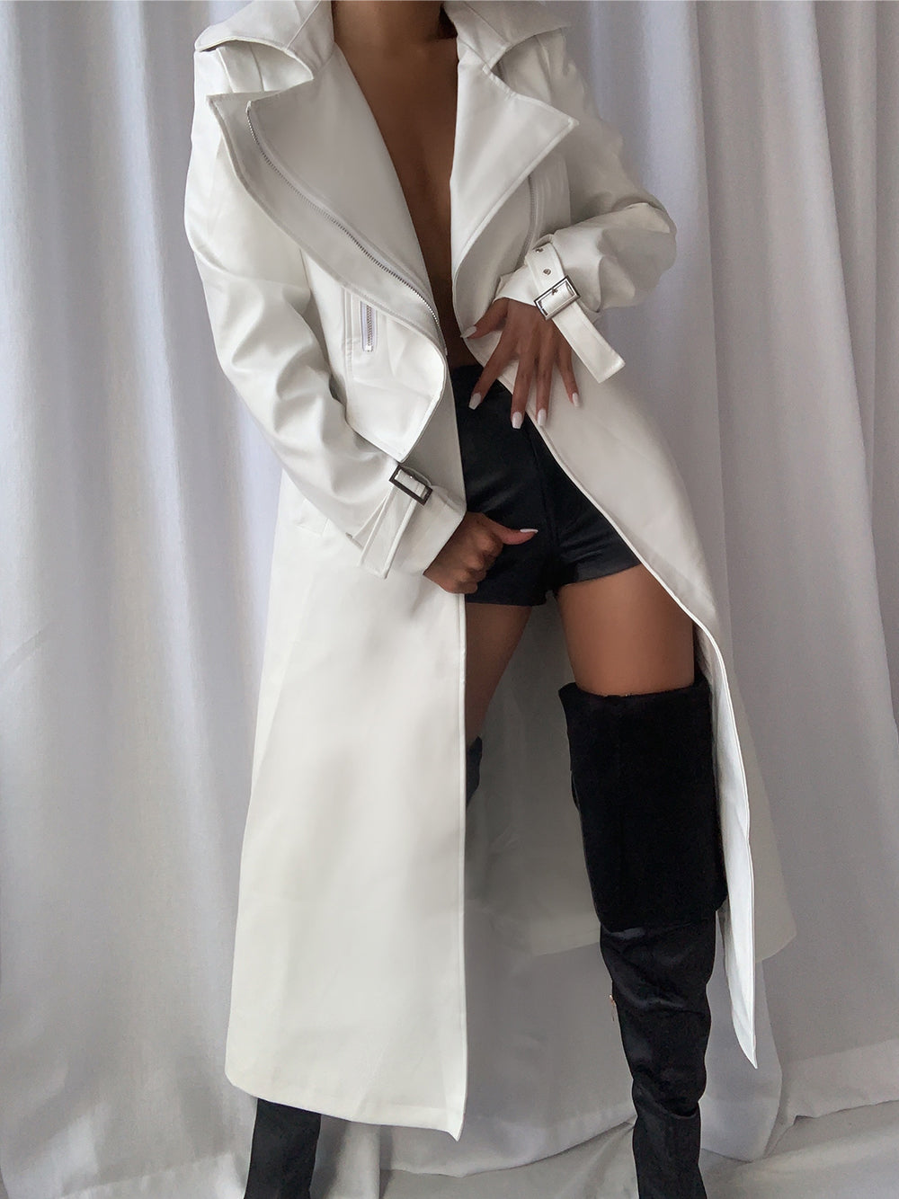 White Lapel Collar Zip Front Buckle Cuff Faux Leather Trench Coat