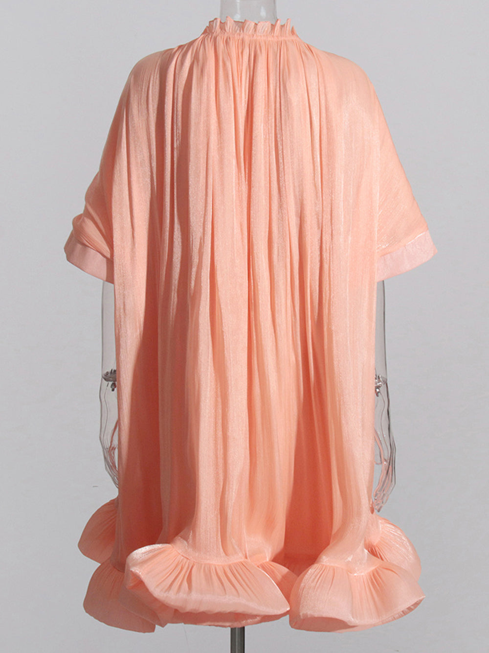 Tie Neck Ruffle Hem Batwing Sleeve Belted Flared Mini Dress