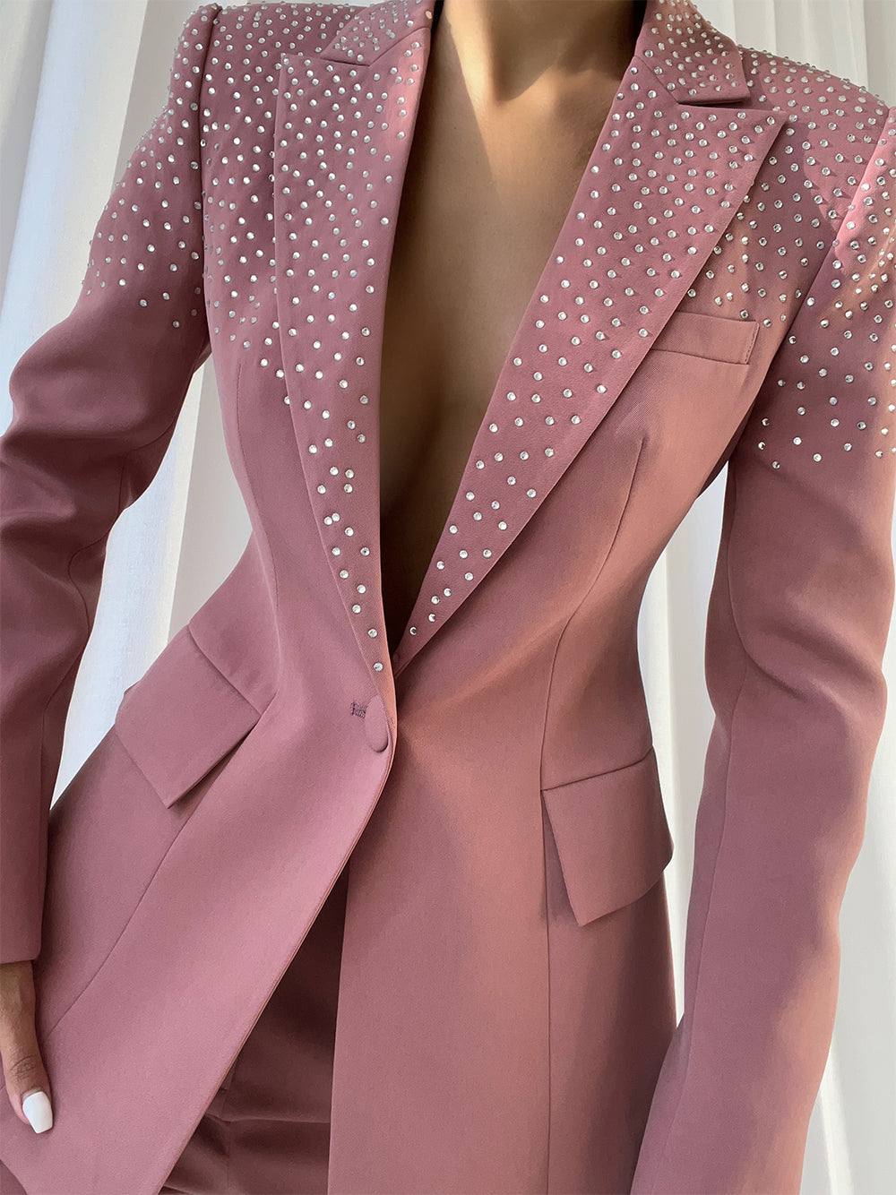 Pink Peak Lapel Rhinestone Embellished Blazer Trouser Set