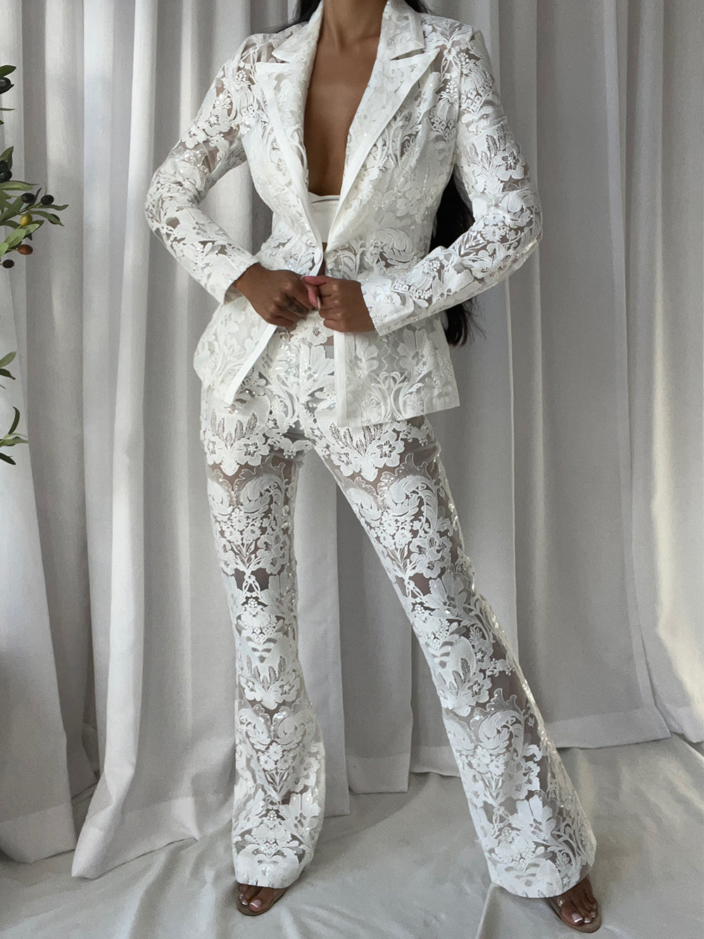White Floral Lace Sheer Blazer and Flared Pants Set