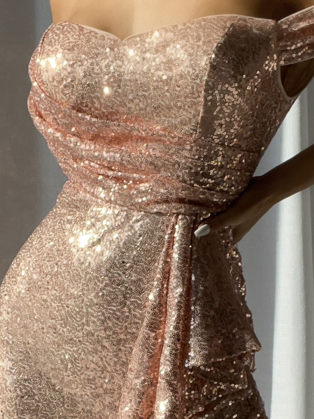 Gold Off-Shoulder Sweetheart Sequin Ruched Draped High Slit Midi Dress