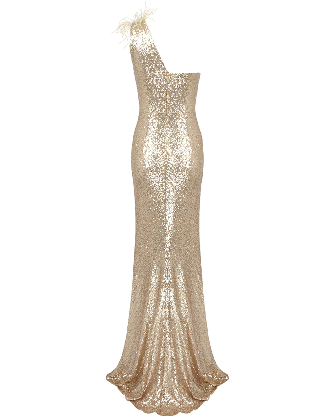 Gold One-Shoulder Feather Trim Sequin Cutout High Slit Maxi Gown 2
