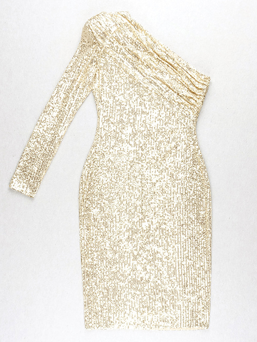 Gold One-Shoulder Sequin One Sleeve Bodycon Midi Dress