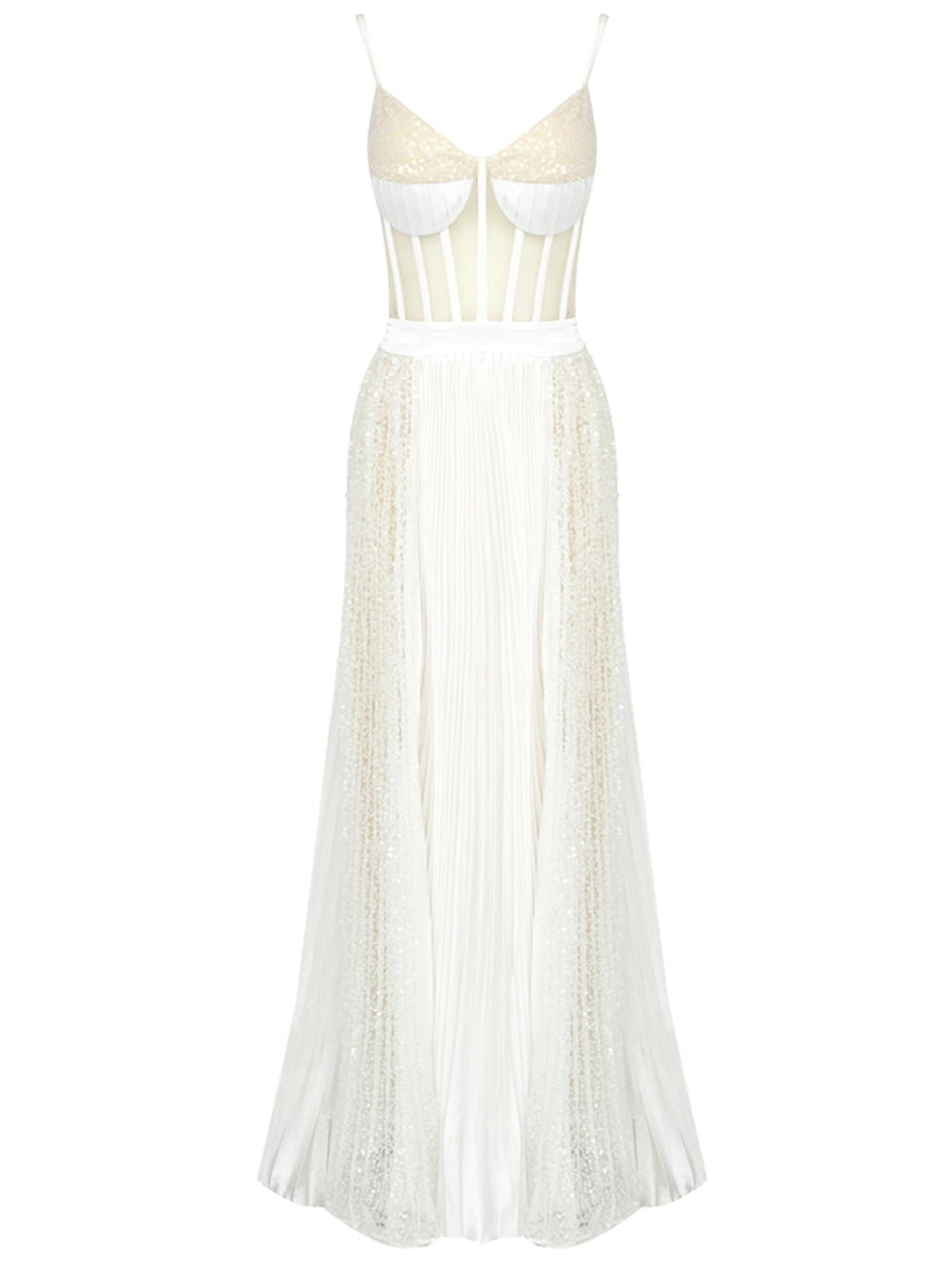White Strap Corset Bodice Sequin Illusion Pleated A-Line Maxi Gown