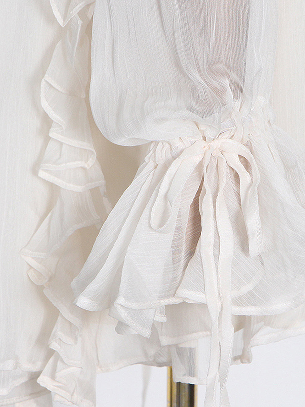 Beige V-Neck Tie Front Ruffle Tiered Sheer Chiffon Mini Dress