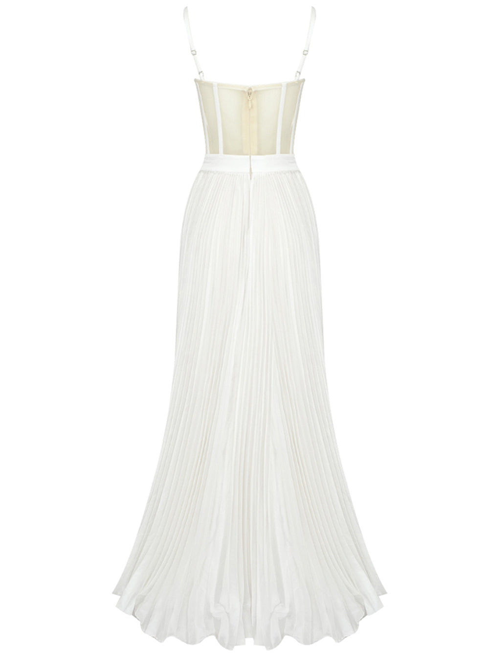 White Strap Corset Bodice Sequin Illusion Pleated A-Line Maxi Gown