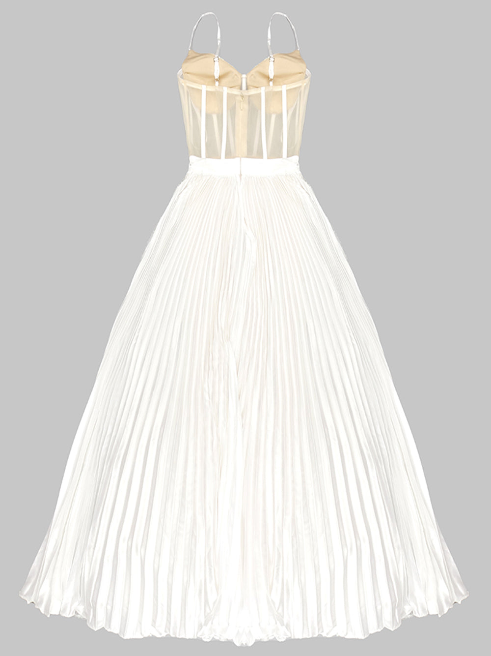 White Strap Corset Bodice Sequin Illusion Pleated A-Line Maxi Gown