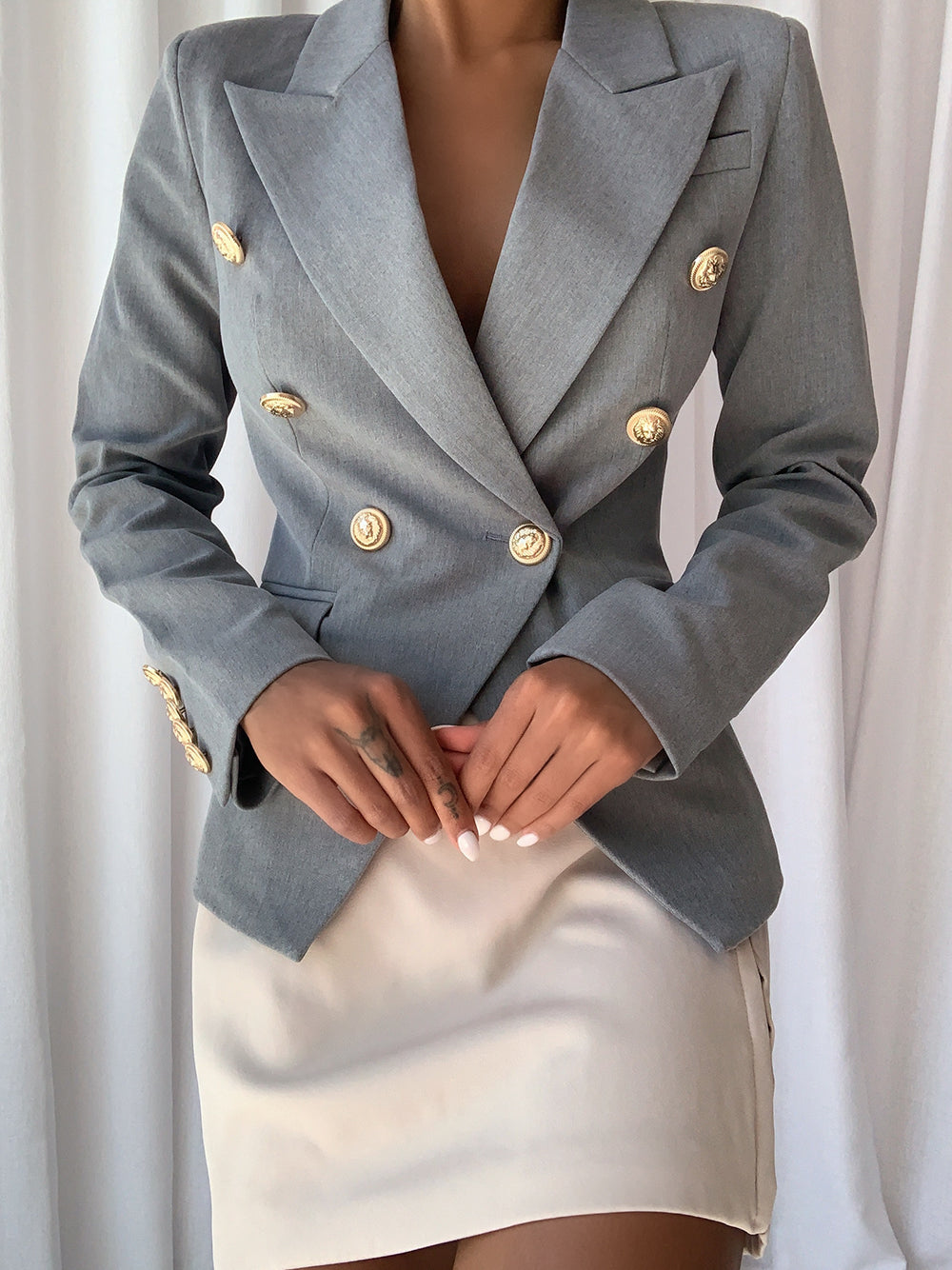 Gray Peak Lapel Gold Button Double Breasted Fitted Blazer