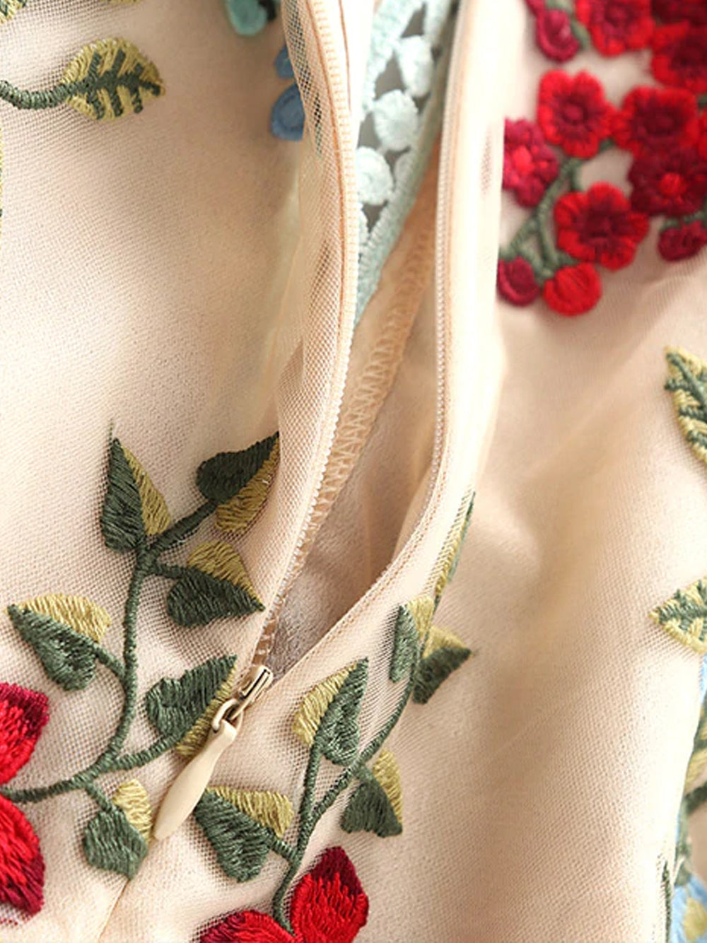 Apricot Round Neck Floral Embroidered Scalloped Trim Sheer Mesh Midi Dress 13