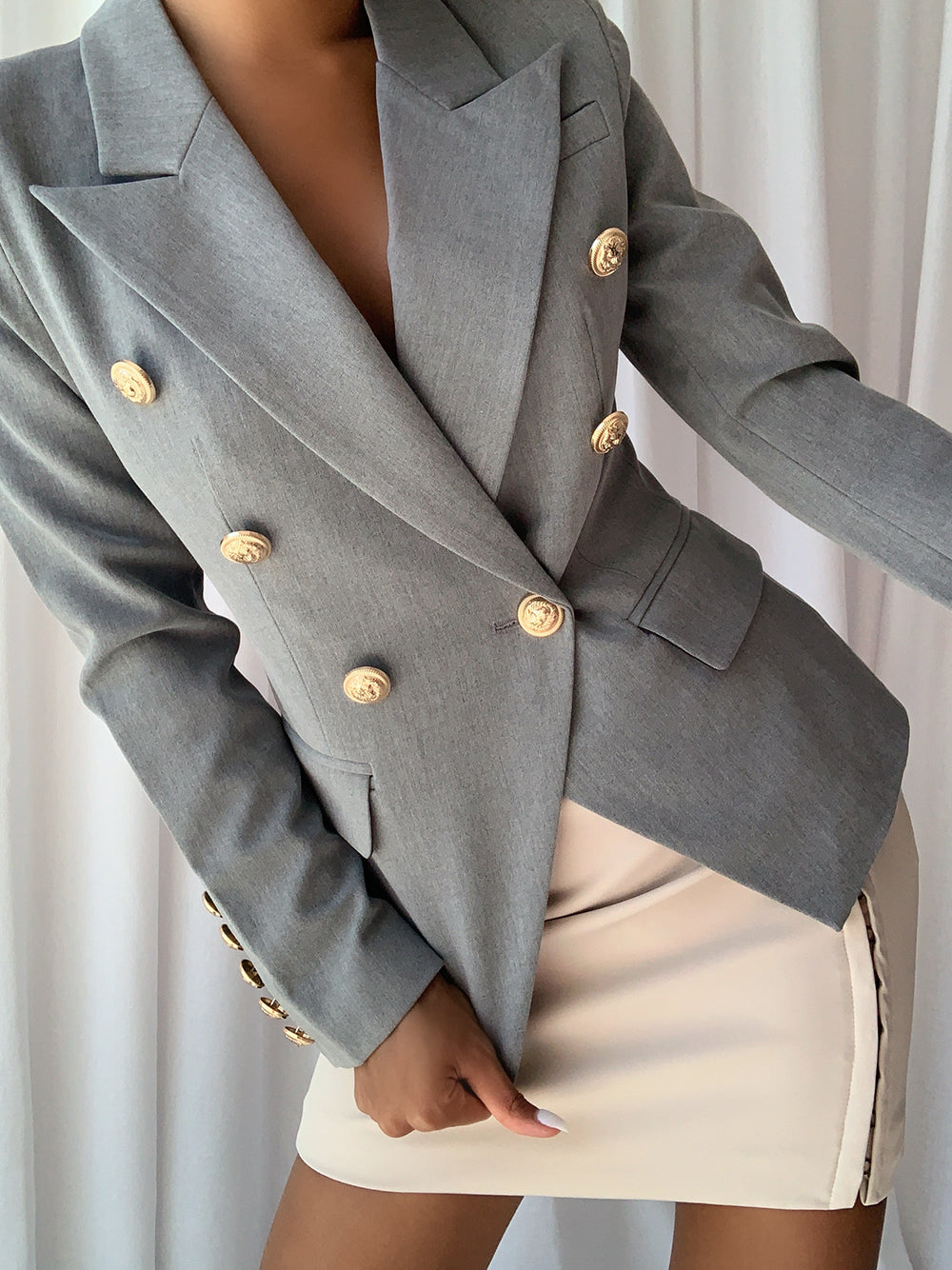 Gray Peak Lapel Gold Button Double Breasted Fitted Blazer