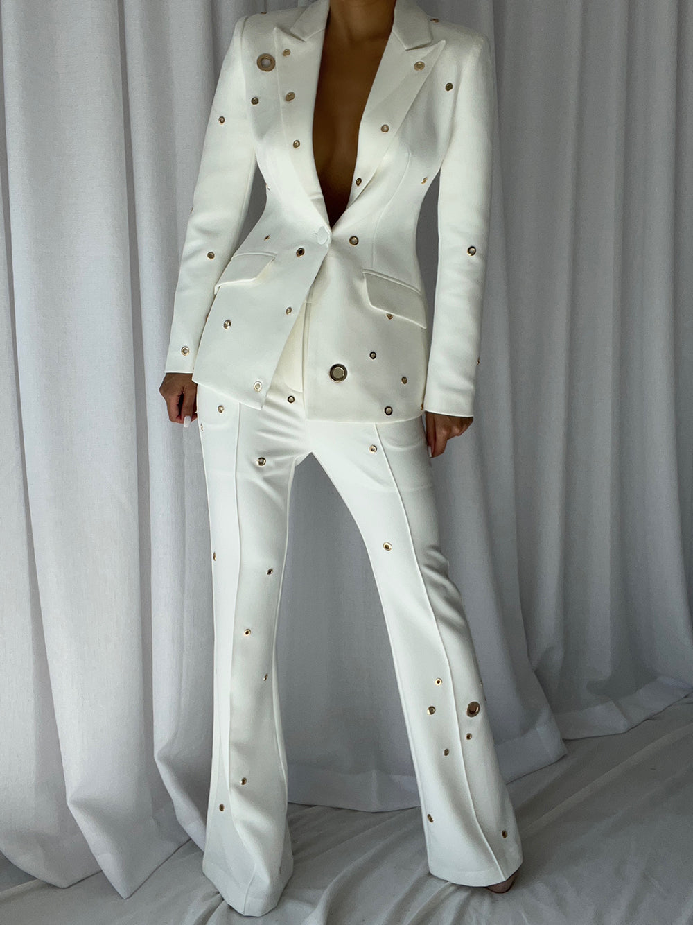 White Peak Lapel Gold Eyelet Blazer And Pants Set