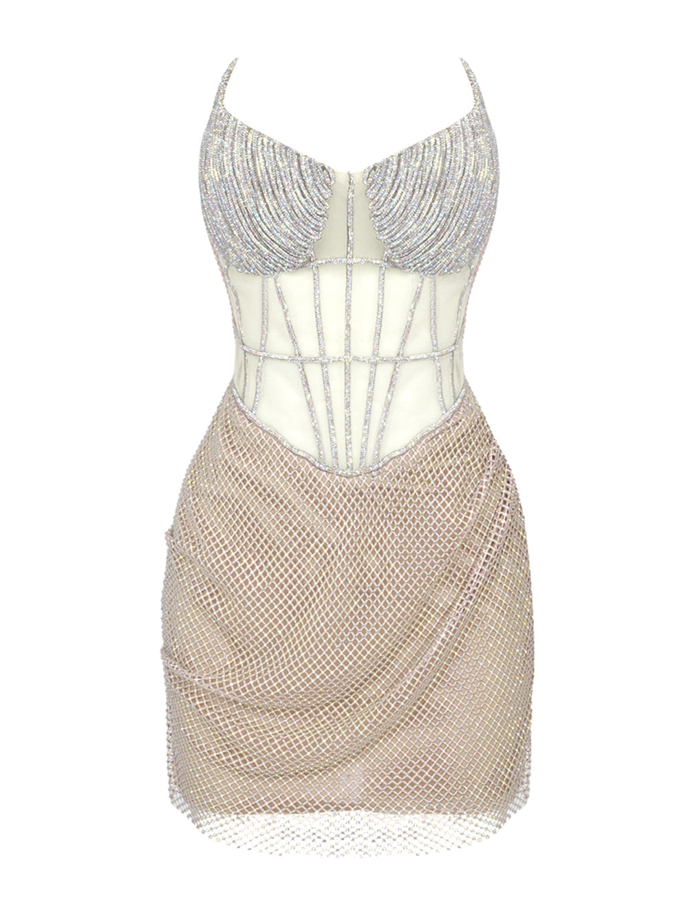 Beige Halter Rhinestone Cup Corset Crystal Fishnet Bodycon Mini Dress