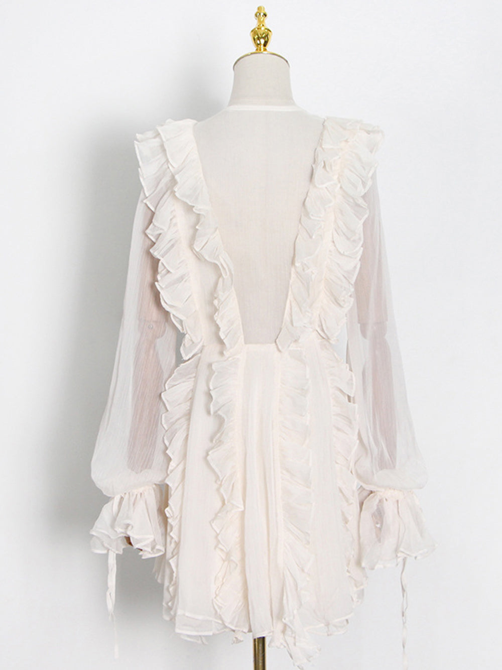 Beige V-Neck Tie Front Ruffle Tiered Sheer Chiffon Mini Dress