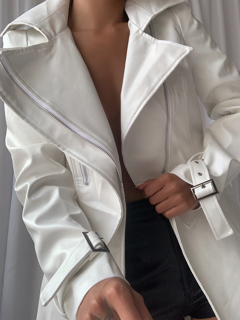 White Lapel Collar Zip Front Buckle Cuff Faux Leather Trench Coat
