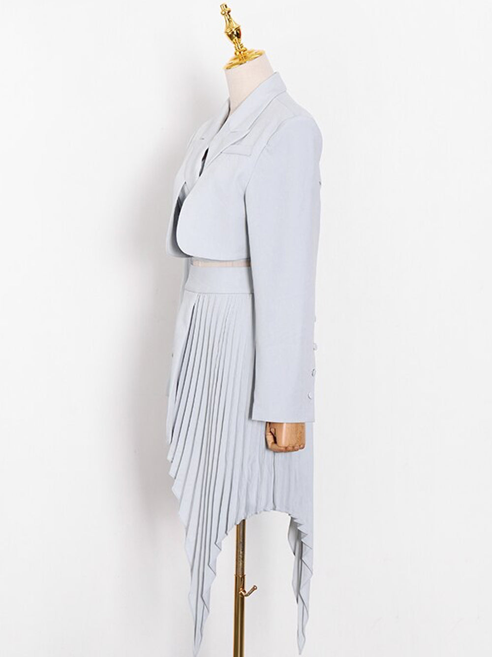 Light Blue Cropped Lace-Up Blazer and Pleated Asymmetric Skirt Set 16