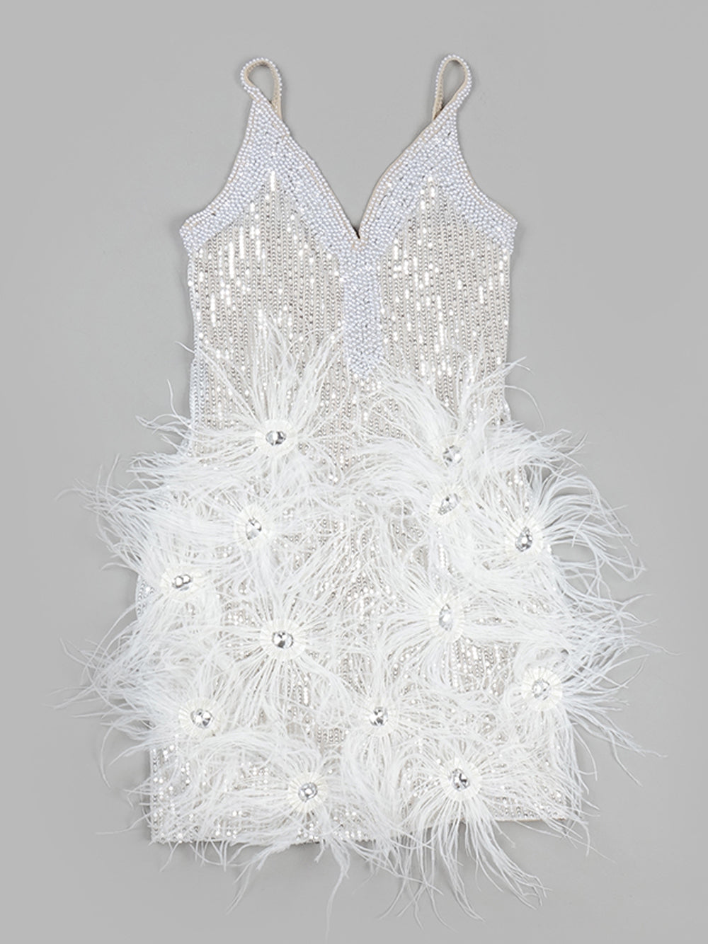 White Spaghetti Strap V-Neck Rhinestone Feather Trim Bodycon Mini Dress 5