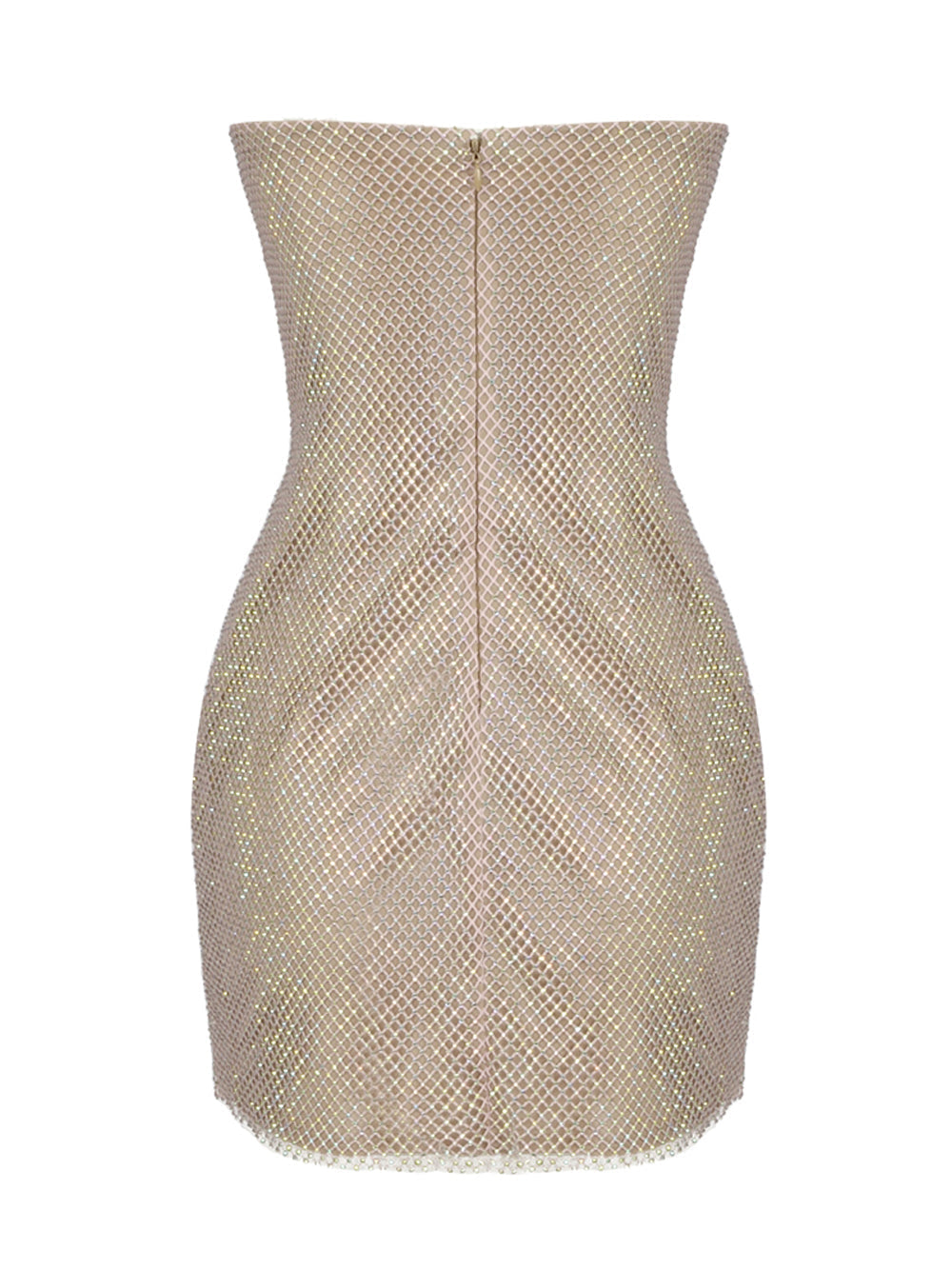 Beige Halter Rhinestone Cup Corset Crystal Fishnet Bodycon Mini Dress
