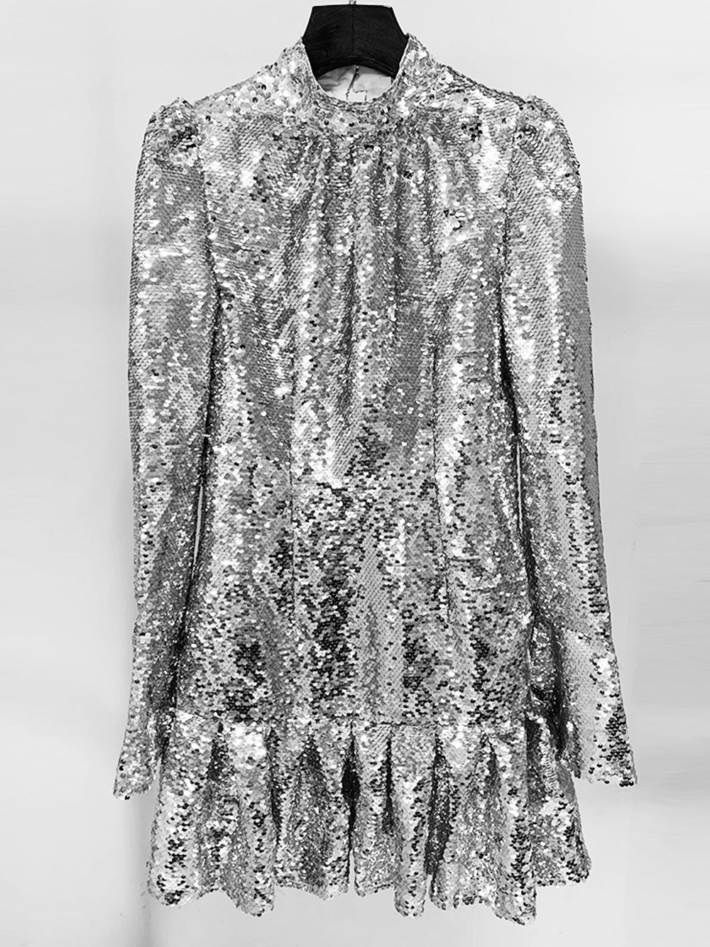 Silver High Neck Puff Sleeve Sequin Ruffle Hem A-Line Mini Dress