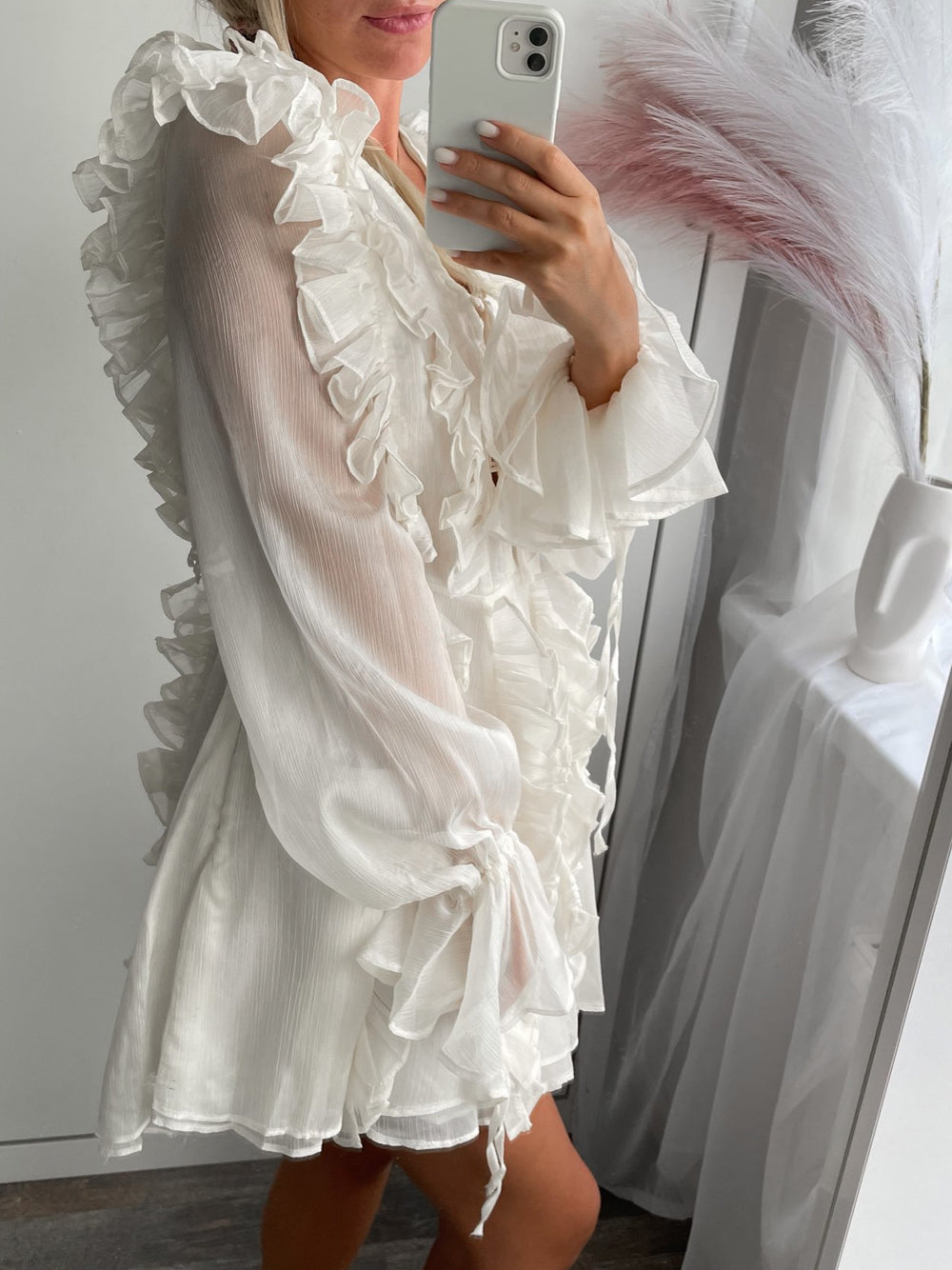 Beige V-Neck Tie Front Ruffle Tiered Sheer Chiffon Mini Dress